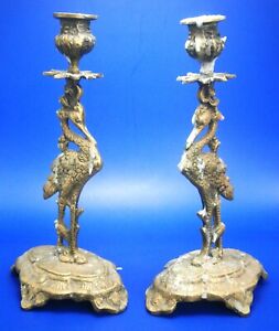 Paire de chandeliers figuratifs vintage en laiton oiseau