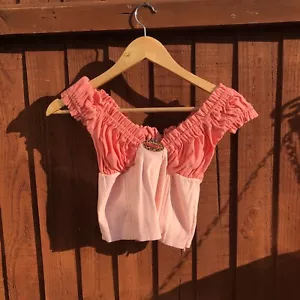 O-MIGHTY Milkmaid Bardot Logo Off Shoulder Two Tone Pink Crop Top BNWOT Rare UK - Picture 1 of 4
