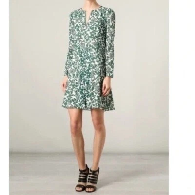 Tory Burch Silk Alice Dress Green & White Floral Print Long Sleeve V-Neck Size 4 - Image 1 of 4