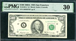 US FEDERAL RESERVE NOTE 1969A $100 FR# 2165-L* KABIS-CONNALLY PMG VF 30 A37 - Picture 1 of 2