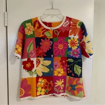 Susan Bristol Vintage Cardigan Floral Bouquet Beaded Short Sleeve Size Large - Image 1 of 4