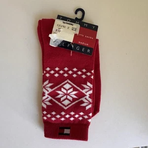 VTG 90s Tommy Hilfiger Girls Socks Medium Red Fair Isle Christmas 7-10 Years New - Picture 1 of 5