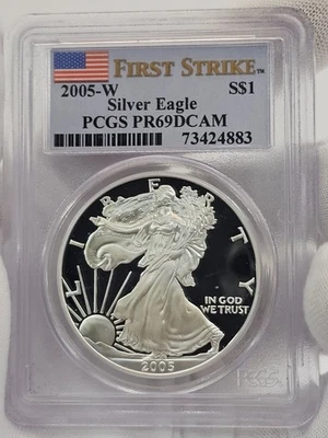 2005 年 W 版美国鹰银币 1 美元 PCGS PR69 PF69 DCAM 西点 ASE 证明 — 第 1/4 张图片