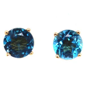 Gemstone 7 MM London Blue Topaz Earrings 925 Sterling Silver 18K Gold Plated - Picture 1 of 4