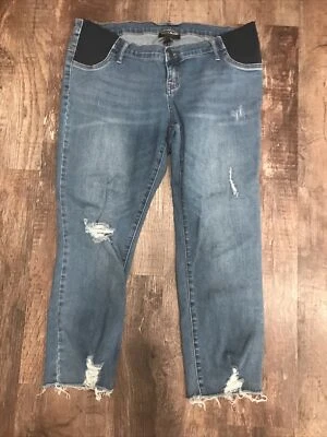 Indigo Blue Maternity Skinny Capri Jeans Large Side Elastic Panel Ripped Raw Hem - Image 1 of 4