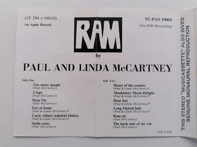 PAUL & LINDA McCARTNEY  RAM   ORIGINAL 1971  UK TAPE CASSETTE   1ST ISSUE - Image 1 of 4
