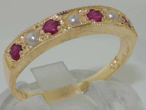Solid 10k .417 Yellow Gold Pearl and Ruby Womens Band Ring - Sizes 4 to 12 - Image 1 of 1
