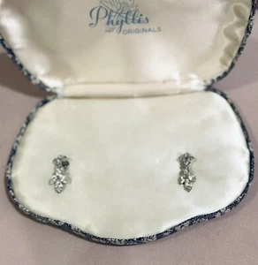 Vintage 50’s Phyllis Originals Sterling Rhinestone Screw Back Dangle Earrings - Picture 1 of 9