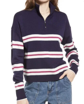 NUEVO CON ETIQUETAS BP. Suéter con Cremallera Cuello Simulado en Azul Marino-Rosa Rayas Regulares Talla S Foto 1 de 2