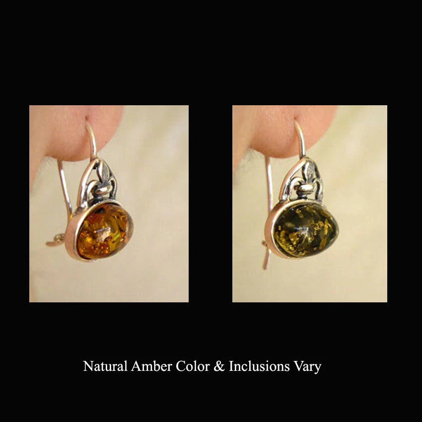 BALTIC HONEY or GREEN AMBER STERLING SILVER EURO HOOK EARRINGS - Image 1 of 1