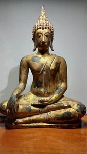 ANTIQUE BRONZE GILDED MEDITATING SUKHOTHAI BUDDHA, TEMPLE RELIC. 18/19th C. - Picture 1 of 18