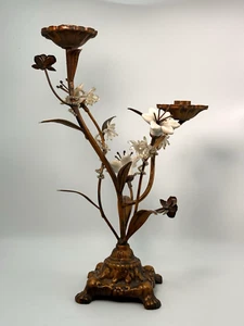 Vintage French Candlestick Ornate Bronze Ceramic Floral Post 1940 Candelabra - Picture 1 of 24