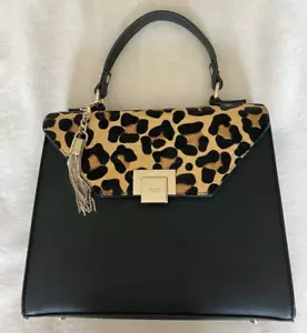 Elegant Black Structured Handbag with Leopard Print Flap Gold Hardware Tassel - Picture 1 of 11