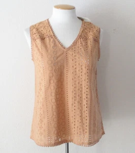 Joie Women's Eyelet Crochet V-Neck Tank Top Peach/Brown 100% Cotton Size XS NEW - Picture 1 of 8