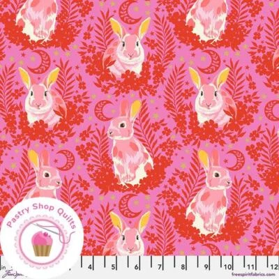 TULA PINK Free Spirit BESTIES HOP TO IT 215 Pink Blossom RABBITS Quilt Fabric - Image 1 of 4