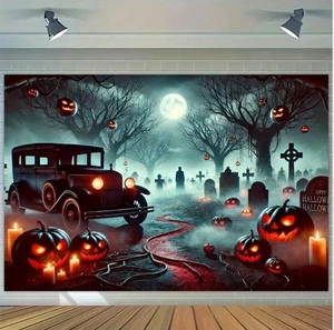 Cars Tombstone Halloween Pumpkin Backdrop Photo Background Banner Party Decor - Picture 1 of 8