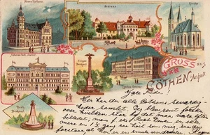 Gruss aus Cöthen Köthen-Litho-2.4.1902-Siegesdenkmal,Seminar,Bachdenkmal,Schloss - Bild 1 von 2