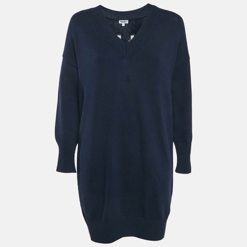 Kenzo Vestito Mini Maglione Blu Navy Logo Intarsiato Maglia a Coste S