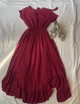 Цветок девочка кружева без спинки богемное макси качели платье размер 14 бордовый/туфли размер 3 - Изображение 1 из 4