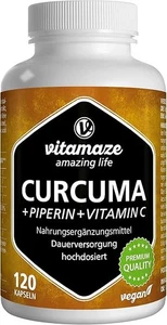Kurkuma Kapseln hochdosiert & vegan, Piperin + Curcumin + Vitamin C, 120 Kapseln - Bild 1 von 4