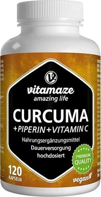 Kurkuma Kapseln hochdosiert & vegan, Piperin + Curcumin + Vitamin C, 120 Kapseln - Bild 1 von 4