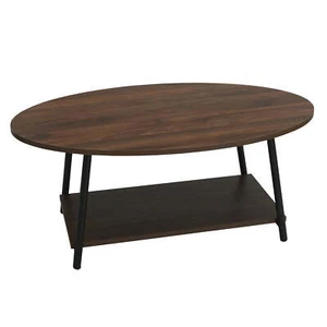 Oval Coffee Table with Storage Shelf Mid Century Walnut Wood Grain Black Metal - Picture 1 of 5