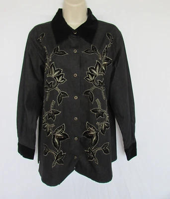 CAMISA CUELLO VICTOR COSTA MUJER M/L negra plata terciopelo metálico manga larga Foto 1 de 4