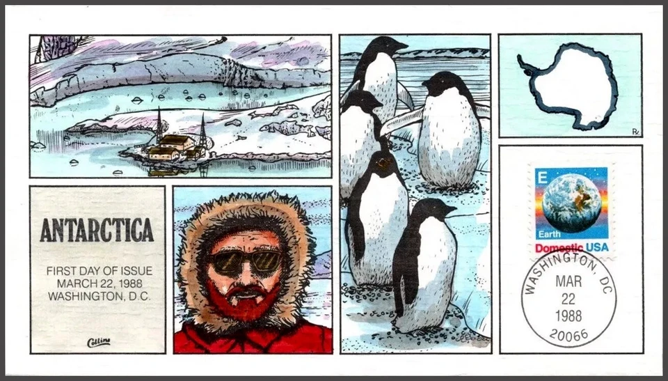 #2282 E RATE EARTH STAMP FIRST DAY OF ISSUE PENGUINS COLLINS HAND COLORED FDC - Image 1 of 1