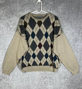 Consensus Merino Wool Blend Italy Argyle Knit Sweater Mens Size XL Tan Pullover - Picture 1 of 15
