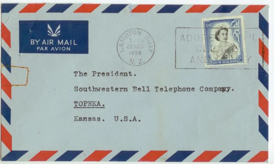 Nueva Zelanda 1956 Lambton Quay 1/6 chelín solo a Bell Telephone Kansas - cubierta Foto 1 de 1