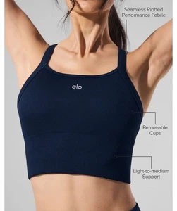ALO YOGA Seamless Ribbed Favorite Bra Tank Medium Eclipse Blue - Picture 1 of 4