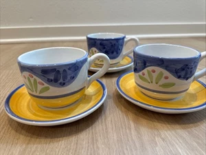 CALECA Collinia handbemalt Italien blau gelb große Kaffeetasse Untertasse 3 Teile - Bild 1 von 6