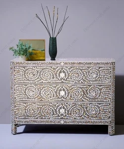 Mother of Pearl Inlay Dresser – 3-Drawer Floral Chest | Handmade Indian Cabinet - Picture 1 of 4