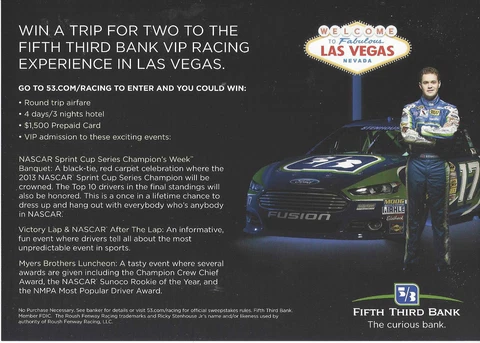 2013 RICKY STENHOUSE JR 5/3 BANK TRIP TO VEGAS BB #17 NASCAR SPRINT CUP POSTCARD Cover