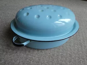 More details for vintage large blue metal enamel roasting dish casserole pot with lid and handle