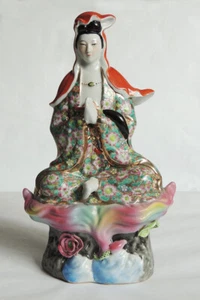 Vintage China Wucai Porcelain Buddhism Guan yin Louts Flower Seat Buddha Statue - Picture 1 of 9
