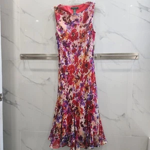 VINTAGE Lauren RALPH LAUREN 100% Silk Slip Midi Dress Floral Red Sz 8 90’s Y2K - Picture 1 of 3