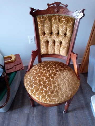 Antique Victorian Tufted Parlour Chair, Wood and Upholstery, possibly Eastlake Cover