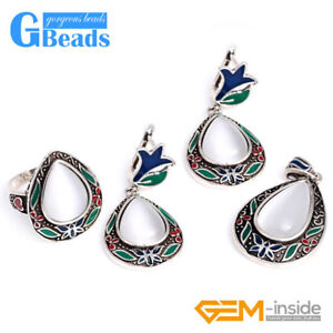 Drop White Cat's Eye Cloisonne Tibeten Silver Ring Earrings Pendant Set Jewelry