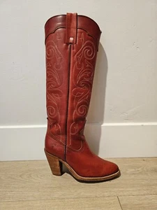 Stivali western vintage anni '70 Frye donna 5,5 marroni in pelle ricamati alti al ginocchio - Foto 1 di 12