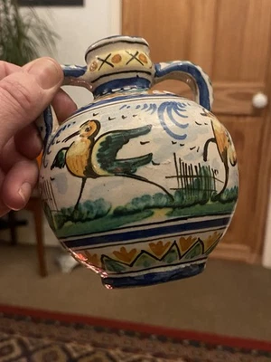 Vintage Spanish Small Two Handled Majolica Vase Hand Painted Birds/ Deer - Image 1 of 4