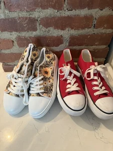 Woman’s Bright Red Converse Style Sunflower Canvas Tennis Shoes 10 Lot Sneakers - Picture 1 of 4