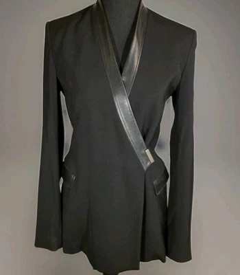 Helmut Lang W Sz 2 Black Leather Trim Asymmetric Wrap Blazer Jacket Made in USA - Image 1 of 4