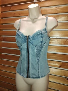 Blue Jean Denim Corset Top Woman's Size 6 Blouse Biker Over bust Zip Front Bone - Picture 1 of 11