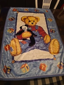 Vintage Blue Jean Teddybär Plüsch Fleece Baby Decke Überwurf Panda Blöcke - Bild 1 von 4