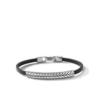 David Yurman Chevron ID Bracelet Black Leather Silver Pusher Clasp Size Large - Image 1 of 2