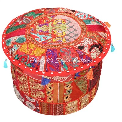 Handmade Bohemian Patchwork Red Ottoman Pouf Cover Seating Foot Stool 22 in - Image 1 of 4