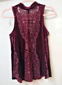 Gypsies and Moondust Sm Merlot Red Flocked Velvet Velour Sleeveless Swing Blouse - Picture 1 of 6