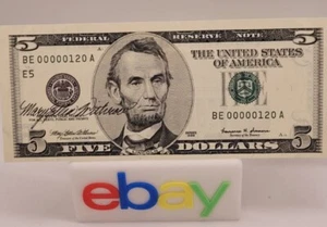 1999 $5.00 Federal Reserve Note Low serial number # 00000120 - Picture 1 of 6