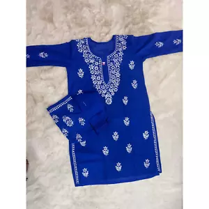 New Lucknowi Mulmul Cotton Kurti with Palazzo Set Embroidery Kurti 38-44 Blue - Picture 1 of 4